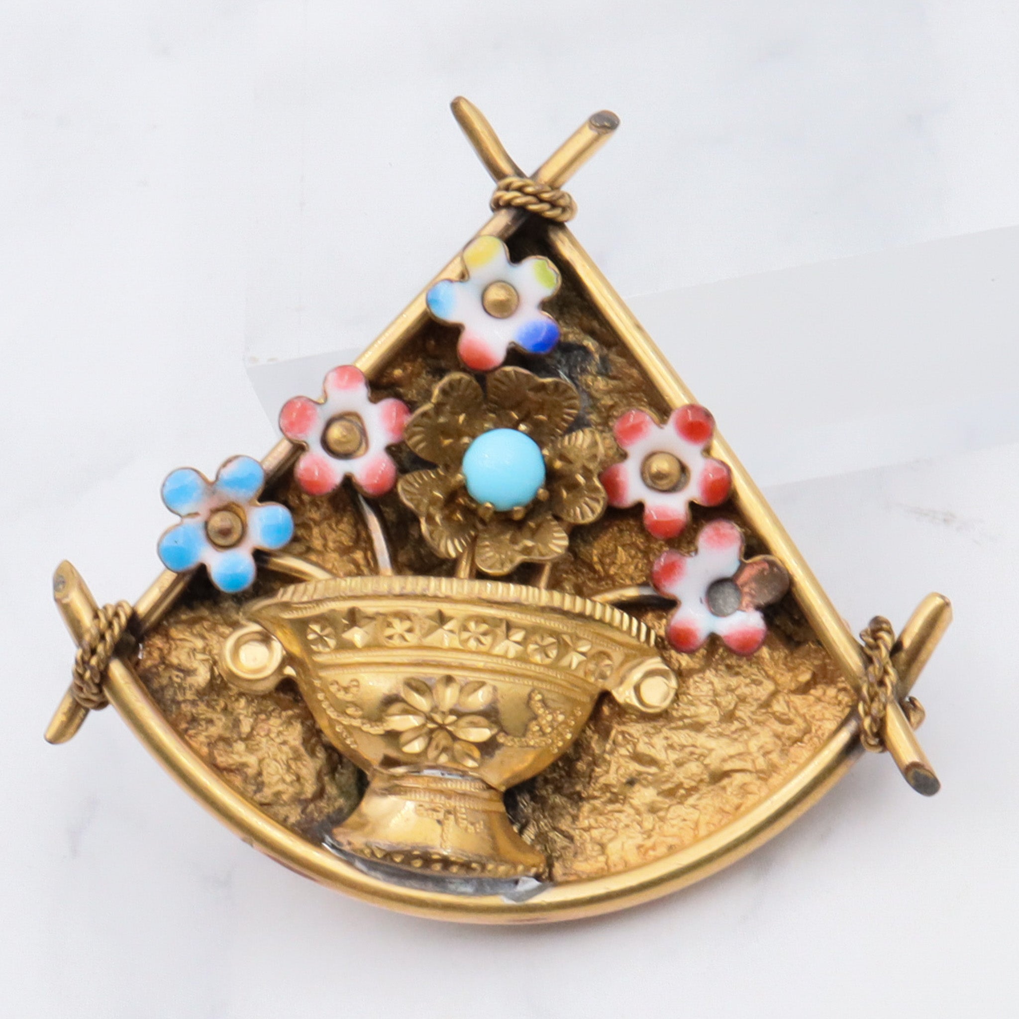 Antique victorian pinch back and enamel flower vase brooch